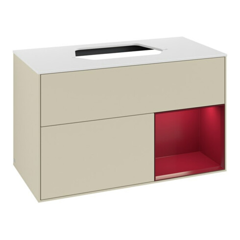 V&B Meuble sous lavabo Finion 100, blanc mat, tiroir droite, poignée grise mate laquée