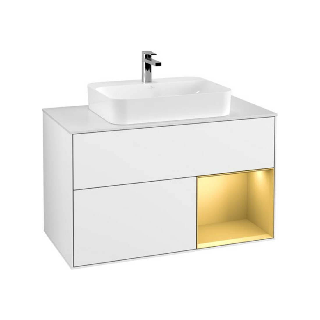 V&B Meuble sous lavabo Finion 100, blanc mat, tiroir droite, poignée métal, laqué blanc brillant
