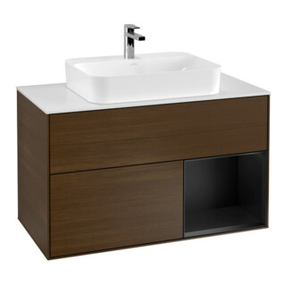 V&B Meuble sous lavabo Finion 100, blanc mat, tiroir droite, verre bleu mat, noyer veinée