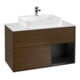 V&B Meuble sous lavabo Finion 100, blanc mat, tiroir droite, verre bleu mat, noyer veinée-1