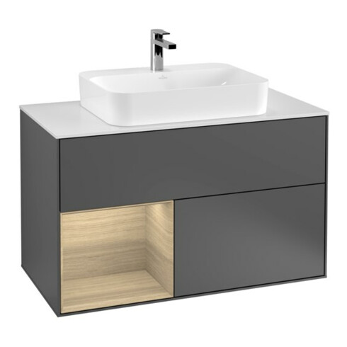 V&B Meuble sous lavabo Finion 100, blanc mat, tiroir gauche, anthracite mat