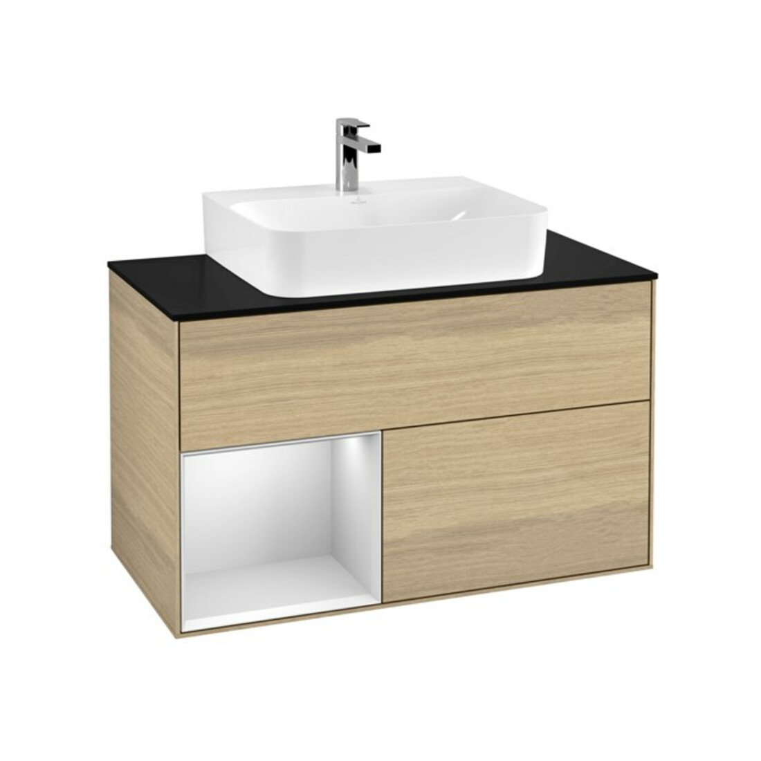 V&B Meuble sous-lavabo Finion 100, blanc mat, tiroir gauche blanc mat laqué, poignée ven