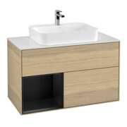 V&B Meuble sous lavabo Finion 100, blanc mat, tiroir gauche, bleu mat laqué, sans poignée
