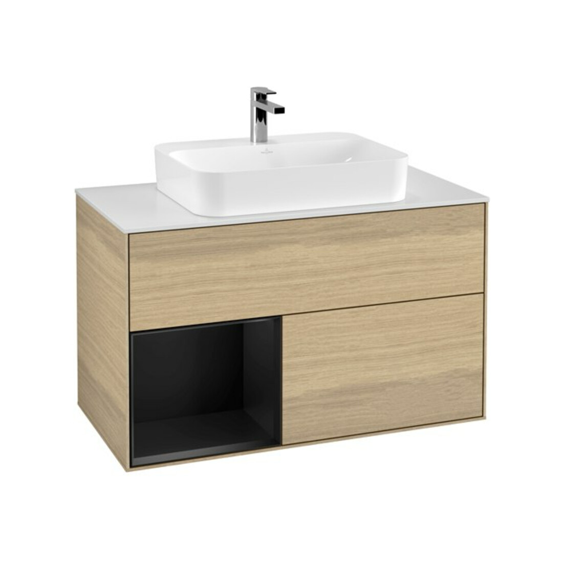 V&B Meuble sous lavabo Finion 100, blanc mat, tiroir gauche, bleu mat laqué, sans poignée