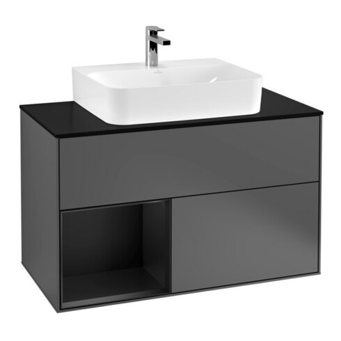 V&B Meuble sous lavabo Finion 100, blanc mat, tiroir gauche, façade bleue mate, anthracite mat