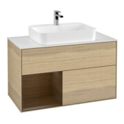 V&B Meuble sous-lavabo Finion 100, blanc mat, tiroir gauche, façade noyer