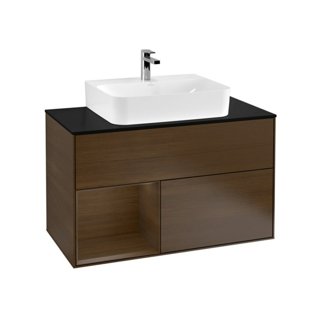 V&B Meuble sous lavabo Finion 100, blanc mat, tiroir gauche, finition noyer veneer