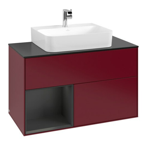 V&B Meuble sous lavabo Finion 100, blanc mat, tiroir gauche, gris mat laqué, poignée métal
