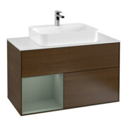 V&B Meuble sous lavabo Finion 100, blanc mat, tiroir gauche, huilé, noyer veinée