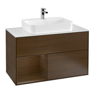 V&B Meuble sous lavabo Finion 100, blanc mat, tiroir gauche, noyer ven.