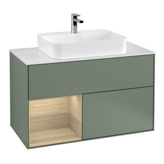 V&B Meuble sous-lavabo Finion 100, blanc mat, tiroir gauche, olivier mat laqué