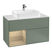 V&B Meuble sous-lavabo Finion 100, blanc mat, tiroir gauche, olivier mat laqué