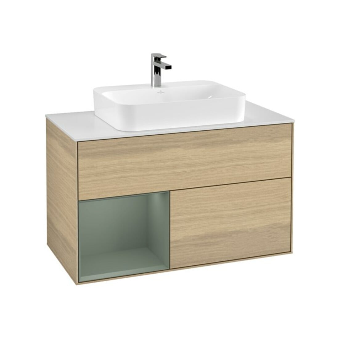 V&B Meuble sous lavabo Finion 100, blanc mat, tiroir gauche, olivier mat laqué, venis ouvert
