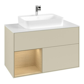 V&B Meuble sous lavabo Finion 100, blanc mat, tiroir gauche, poignée aluminium mat laqué