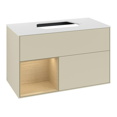 V&B Meuble sous lavabo Finion 100, blanc mat, tiroir gauche, poignée aluminium mat laqué