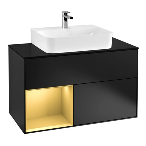 V&B Meuble sous lavabo Finion 100, blanc mat, tiroir gauche, poignée bleue mat Lac