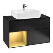 V&B Meuble sous lavabo Finion 100, blanc mat, tiroir gauche, poignée bleue mat Lac