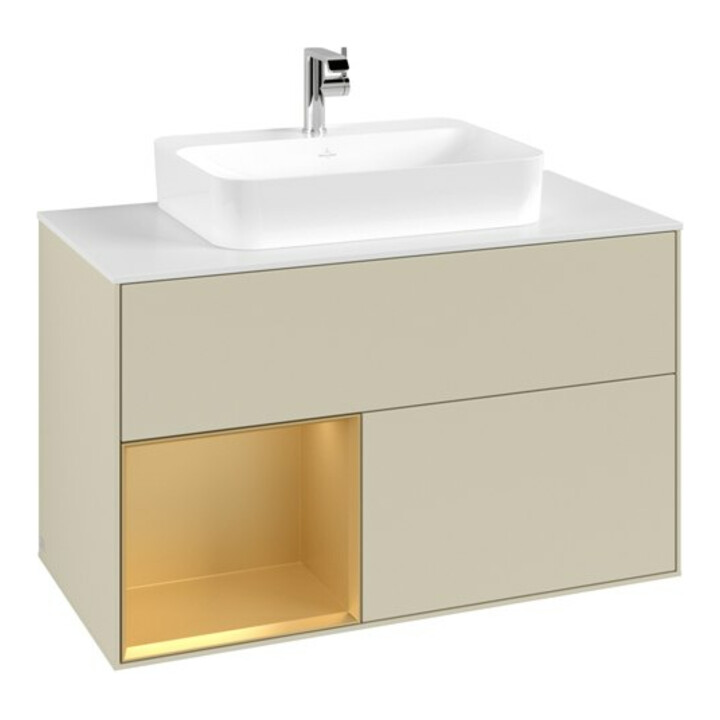 V&B Meuble sous-lavabo Finion 100, blanc mat, tiroir gauche, poignée métal argenté mat, laqué
