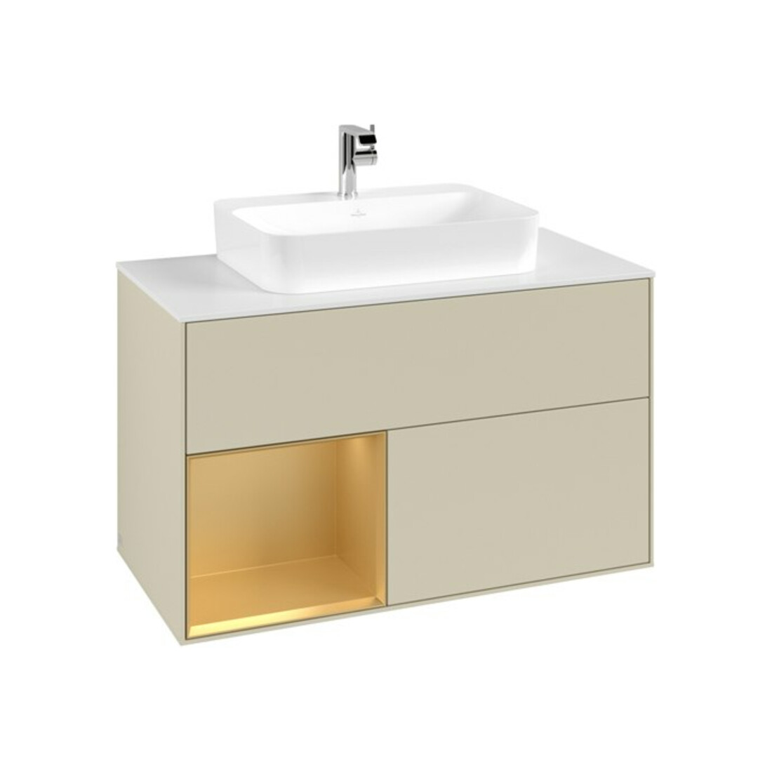 V&B Meuble sous-lavabo Finion 100, blanc mat, tiroir gauche, poignée métal argenté mat, laqué