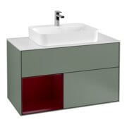 V&B Meuble sous lavabo Finion 100, blanc mat, tiroir gauche, poignée métal laqué
