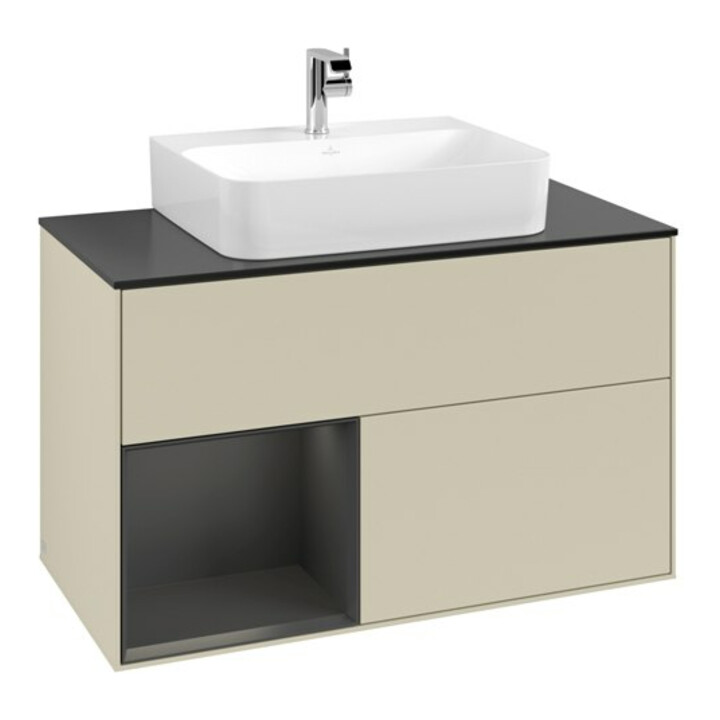 V&B Meuble sous lavabo Finion 100, blanc mat, tiroir gauche, poignée métal, laqué