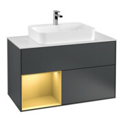 V&B Meuble sous lavabo Finion 100, blanc mat, tiroir gauche, poignée métal mat, laqué