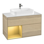 V&B Meuble sous-lavabo Finion 100, blanc mat, tiroir gauche, poignée venetian