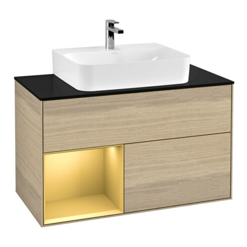 V&B Meuble sous-lavabo Finion 100, blanc mat, tiroir gauche, poignée venilia