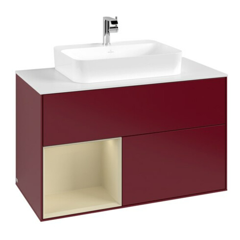 V&B Meuble sous lavabo Finion 100, blanc mat, tiroir gauche, verre mat laqué, poignée m