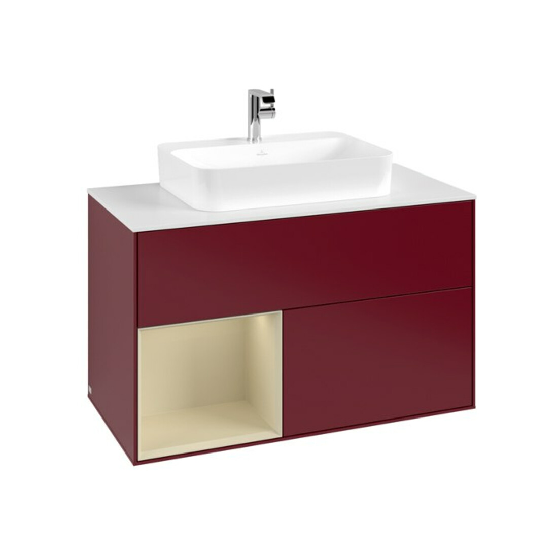 V&B Meuble sous lavabo Finion 100, blanc mat, tiroir gauche, verre mat laqué, poignée m