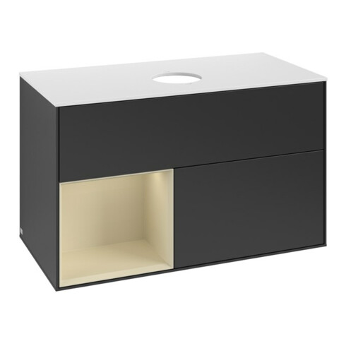 V&B Meuble sous-lavabo Finion 100, blanc mat, tiroir gris mat laqué, bleu mat laqué