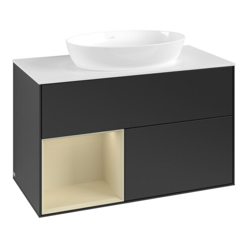 V&B Meuble sous-lavabo Finion 100, blanc mat, tiroir gris mat laqué, bleu mat laqué