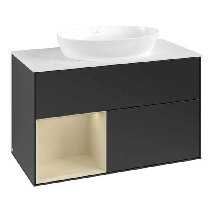 V&B Meuble sous-lavabo Finion 100, blanc mat, tiroir gris mat laqué, bleu mat laqué