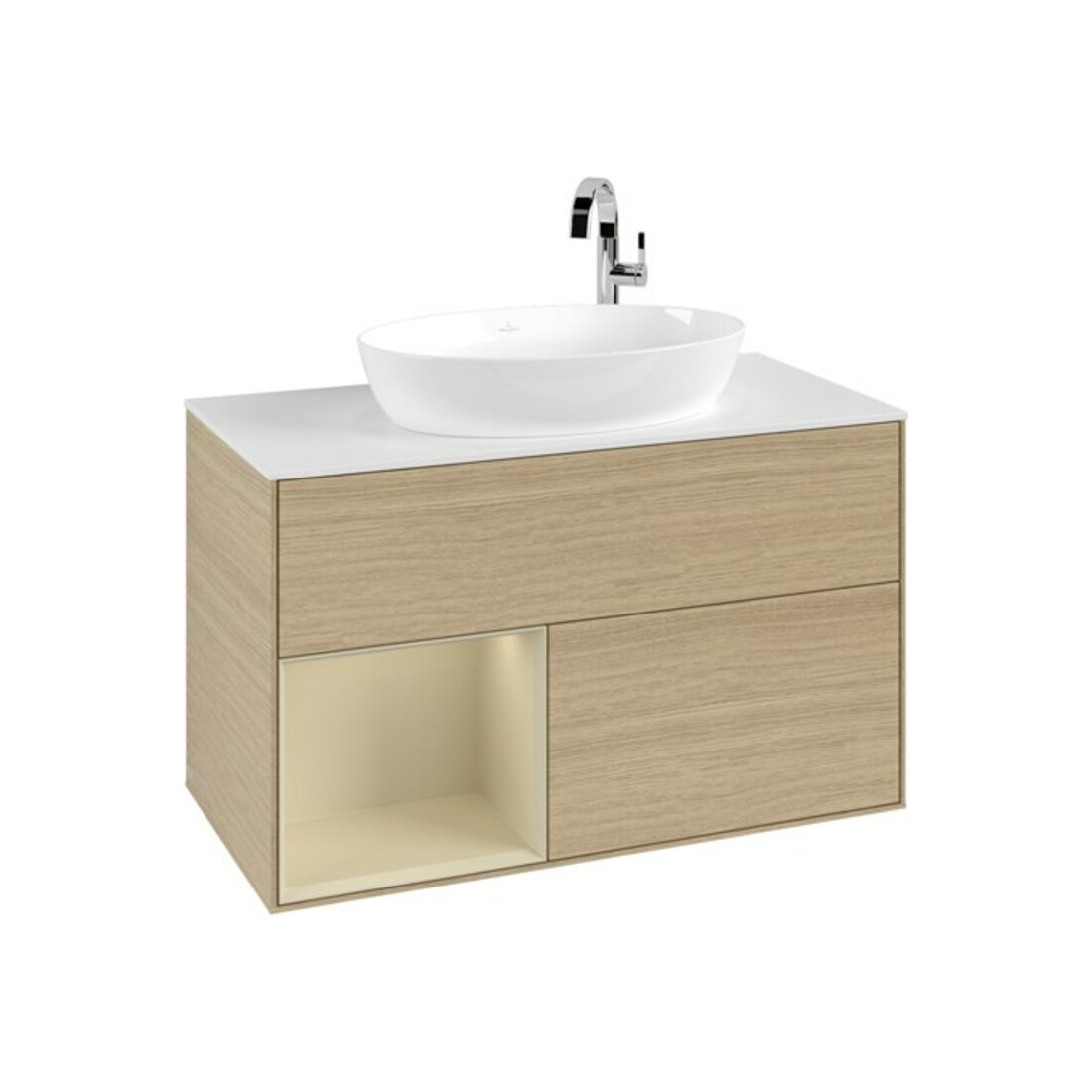 V&B Meuble sous lavabo Finion 100, blanc mat, tiroir gris moyen laqué, poignée ven