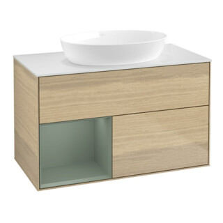 V&B Meuble sous lavabo Finion 100, blanc mat, tiroir huilé avec laque, chêne ven