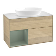 V&B Meuble sous lavabo Finion 100, blanc mat, tiroir huilé avec laque, chêne ven