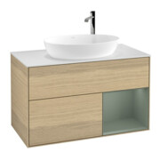V&B Meuble sous-lavabo Finion 100, blanc mat, tiroir huilé avec laque, façade veinée