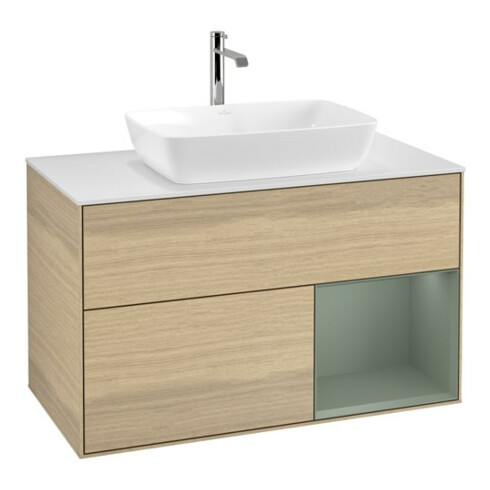 V&B Meuble sous-lavabo Finion 100, blanc mat, tiroir huilé, laqué, veinage ouvert
