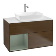 V&B Meuble sous-lavabo Finion 100, blanc mat, tiroir huilé, placage noyer
