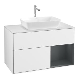 V&B Meuble sous lavabo Finion 100, blanc mat, tiroir médian avec laque blanche brillante