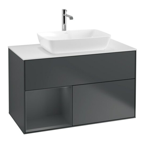 V&B Meuble sous-lavabo Finion 100, blanc mat, tiroir médian mat laqué, médian bleu mat laqué