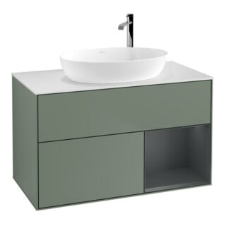 V&B Meuble sous lavabo Finion 100, blanc mat, tiroir médium laqué, poignée laquée