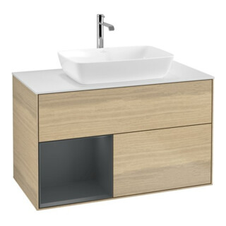 V&B Meuble sous-lavabo Finion 100, blanc mat, tiroir moyen avec laque, poignée ven