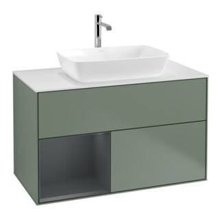 V&B Meuble sous lavabo Finion 100, blanc mat, tiroir moyen laqué, poignée laquée