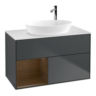 V&B Meuble sous lavabo Finion 100, blanc mat, tiroir noyer, façade médium bleu mat Lac
