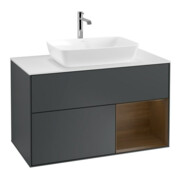 V&B Meuble sous-lavabo Finion 100, blanc mat, tiroir noyer, façade médium bleu mat Lac