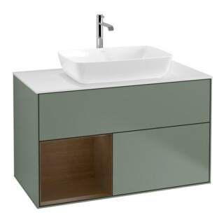 V&B Meuble sous lavabo Finion 100, blanc mat, tiroir noyer, poignée métal laqué
