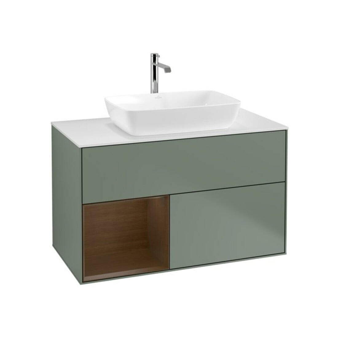 V&B Meuble sous lavabo Finion 100, blanc mat, tiroir noyer, poignée métal laqué