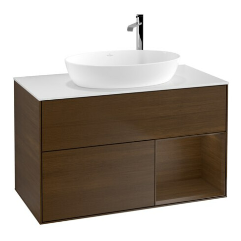 V&B Meuble sous-lavabo Finion 100, blanc mat, tiroir noyer veiné, noyer veiné