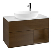 V&B Meuble sous-lavabo Finion 100, blanc mat, tiroir noyer veiné, noyer veiné
